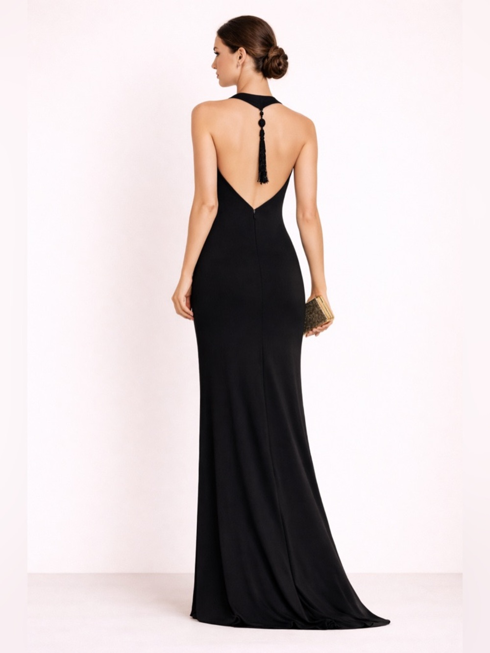 David Meister Halter Maxi Floor Lenght Gown Tassel Open Back Art Deco Black Sz 4